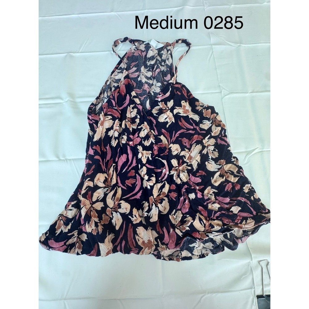 Floral Halter Top Womens Medium Navy Mauve Pink V-Neck Flowy Racerback Blouse